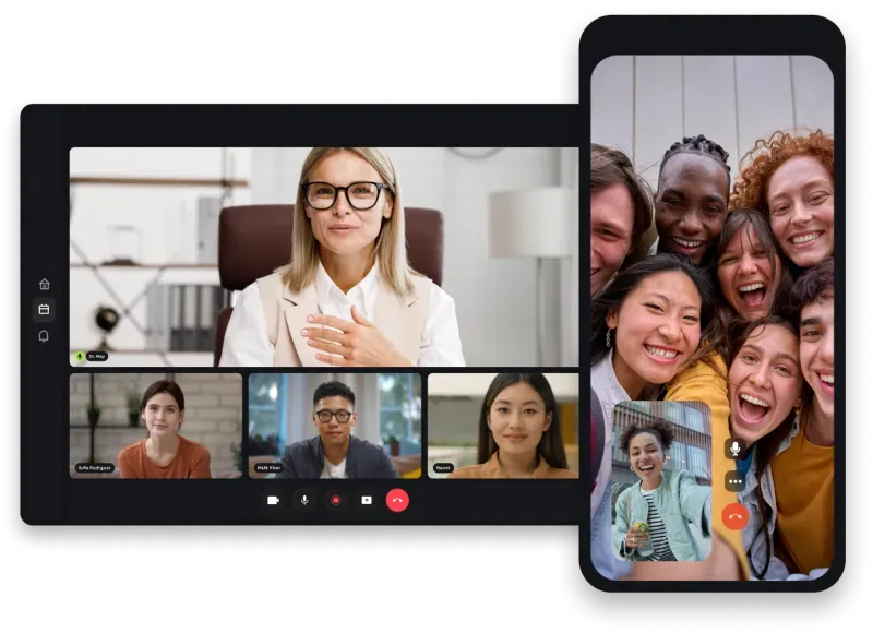 A collage depicting a group video call on multiple mobile phones.